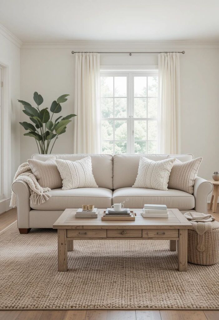 Classic Rolled-Arm Transitional Sofa in Ivory Linen with Hand-Crafted Reclaimed Wood Coffee Table.