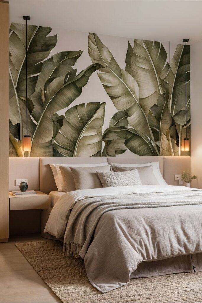 Staycation Sengetæppe Care Beige Bedspread in Raw Silk Look with Tropical Banana Leaf Mural Backdrop.