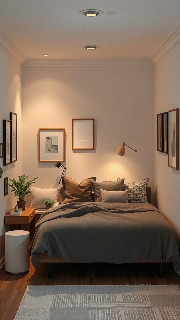 Warm Minimalist Sanctuary with Earthy Linens and Asymmetrical Gallery Wall.
