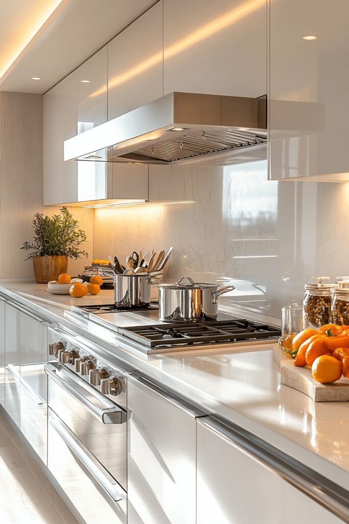 A sleek, modern kitchen featuring high-gloss white handleless cabinetry, a professional-grade stainless steel range stove with matching cookware, and warm under-cabinet lighting reflecting off a marble backsplash.