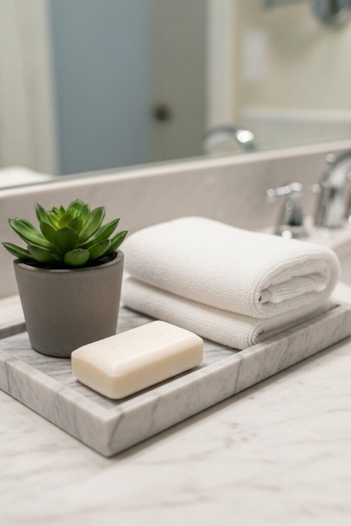 Minimalist Carrara Marble Vanity Tray Set with Folded Cotton Towels and Potted Succulent Accent.