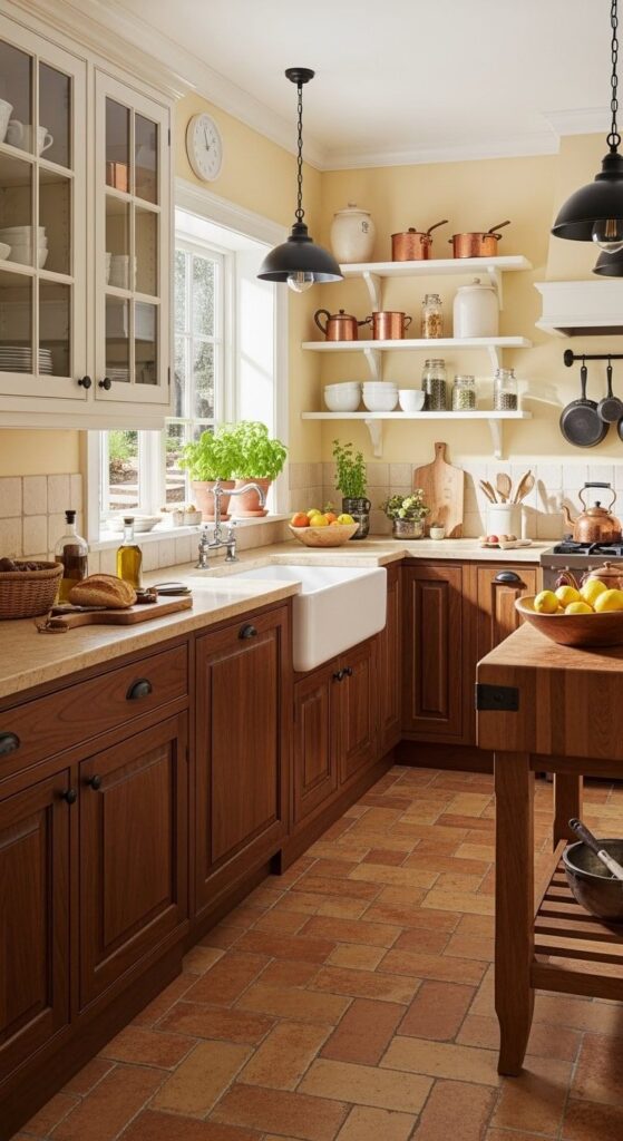A warm and cozy farmhouse kitchen featuring rich wood cabinetry, a white apron-front sink, and terracotta floor tiles arranged in a herringbone pattern. 