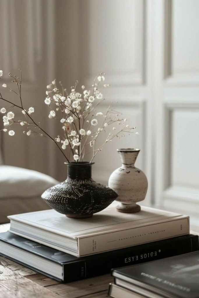 Artisan Ceramic Bud Vase Duo with Dried Baby’s Breath and Minimalist Coffee Table Books.