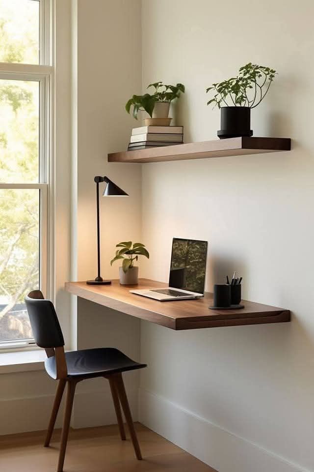 Minimalist Walnut Floating Desk and Matching Shelf Suite with Matte Black Mid-Century Accents.
