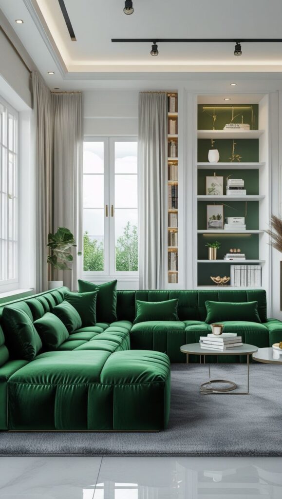 83fdb98e4d6d7e327727bd60ae38cb2b Modern Luxury Living Suite with Emerald Green Velvet Modular Sectional and Integrated LED-Lit Display Shelving.