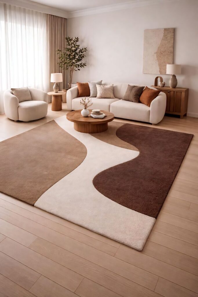 Luxe Mid-Century Modern Abstract Waves Hand-Tufted Wool Rug in Neutral Earth Tones.
