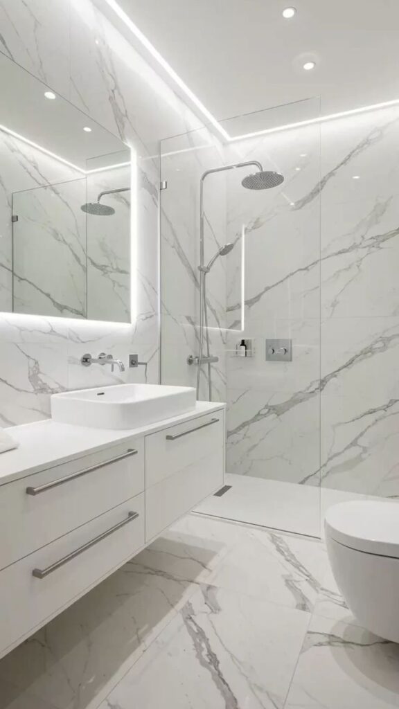 8fa2f0e17e332cd1e70ce6e113d50130 Luxe Carrera Marble-Effect Bathroom Suite with Floating Vanity and Matte Black Fixtures.