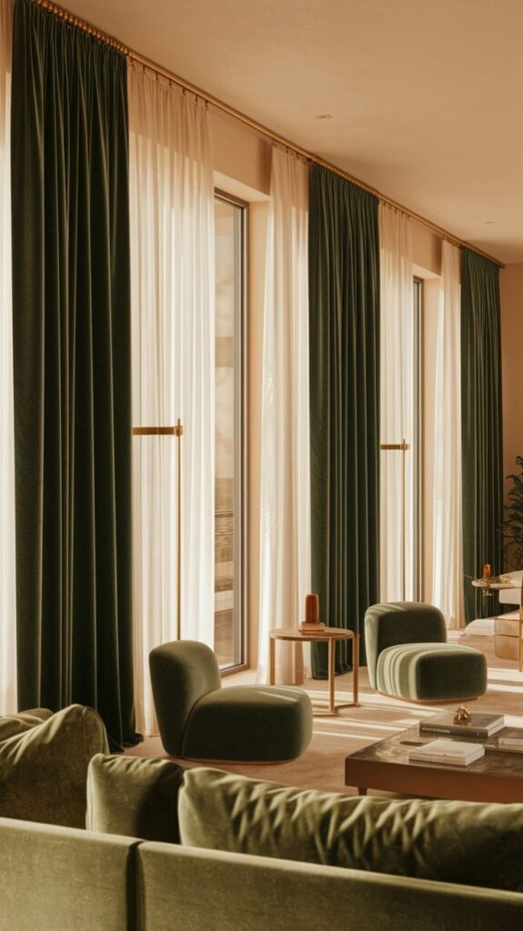 Luxe Forest Retreat Living Room Suite with Velvet Drapery and Minimalist Gold Accents.