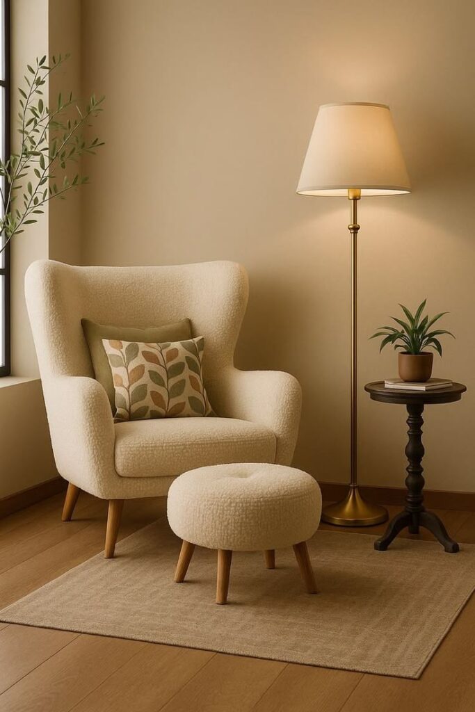 📸 Image Prompt: "A wide-angle shot of a master bedroom corner styled as a cozy reading nook with a curved boucle armchair, a slim floor lamp with a warm shade, a small side table with a stack of books and a candle, a soft wool throw draped over the arm — contemporary warm minimalist style, golden afternoon light, intimate and inviting bedroom corner mood, interior design photography, high resolution"