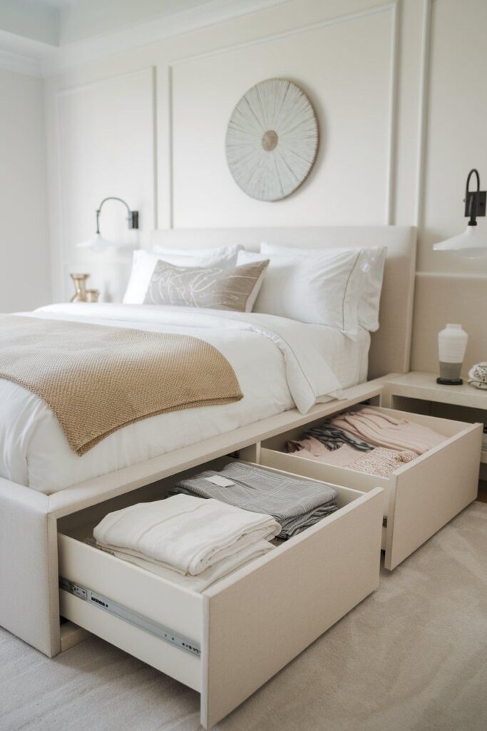 Modern Cream Upholstered Platform Storage Bed with Integrated High-Capacity Side Drawers.
