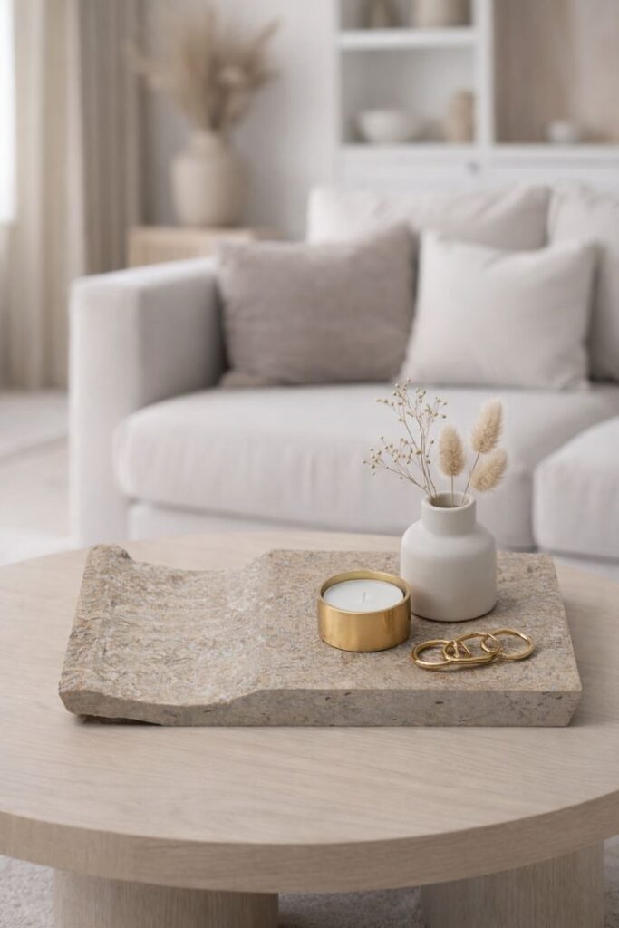 9465362e60eb4cbe457c4d9138816ed0 Artisan Travertine Sculptural Tray with Integrated Candle Holder and Minimalist Fluted Bud Vase.