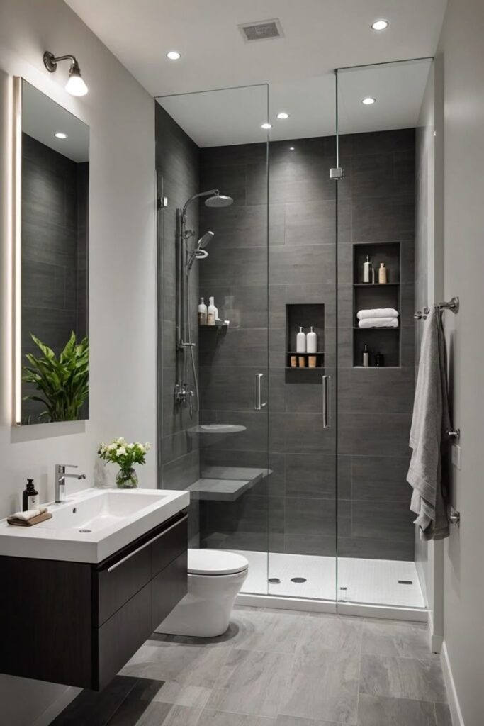 975f3a46cf1903e21a31c5b554f52343 Sleek Contemporary Bathroom Suite with Dark Charcoal Tiling and Floating Walnut Vanity.