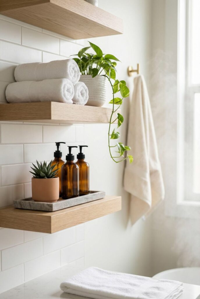 97e063849172c3b2c9057635b8eb2143 Organic Modern Bathroom Open Shelving with Natural White Oak Floating Shelves and White Subway Tile.