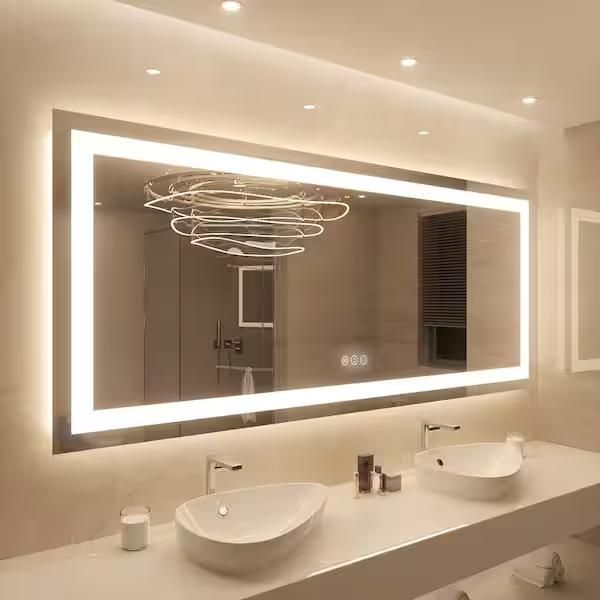 Luxurious 88-Inch Frameless Dual-Light LED Bathroom Vanity Mirror with Integrated Defogger.