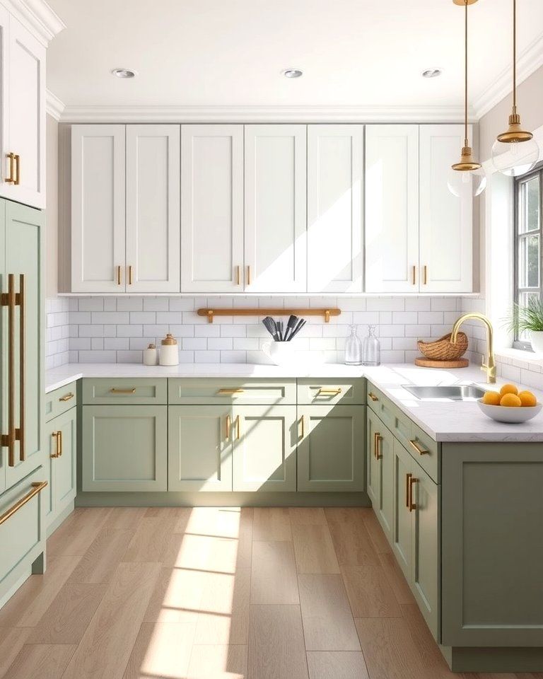 A bright, modern U-shaped kitchen featuring two-toned cabinetry with white upper units and sage green lower units, accented by gold hardware, a white subway tile backsplash, and light wood flooring.