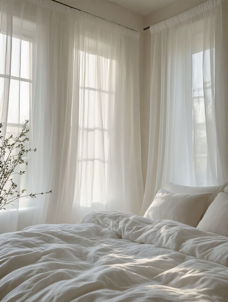 Ethereal All-White Sanctuary with Floor-to-Ceiling Sheer Curtains and Textured Linen Bedding.