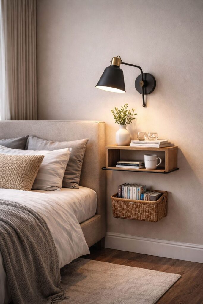 Modern Minimalist Floating Bedside Station with Integrated Swing-Arm Sconce and Woven Library Nook.