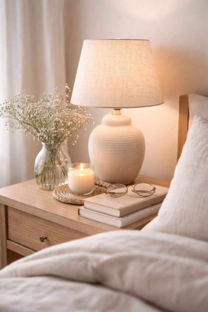 Artisan Ribbed Ceramic Table Lamp with Tapered Linen Shade and Warm Ambient Glow.