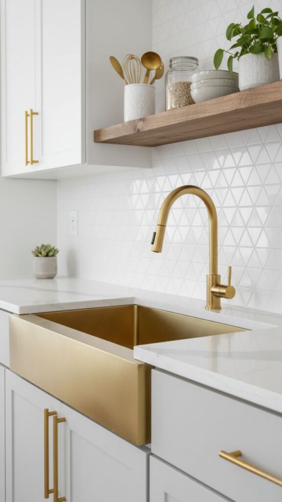  bright and modern kitchen featuring white shaker-style cabinetry with elegant gold hardware and a matching gold gooseneck pull-down sprayer faucet.