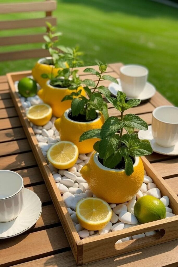 Whimsical Lemon Ceramic Herb Planter Set with Potted Fresh Mint and Polished River Stone Infill.
