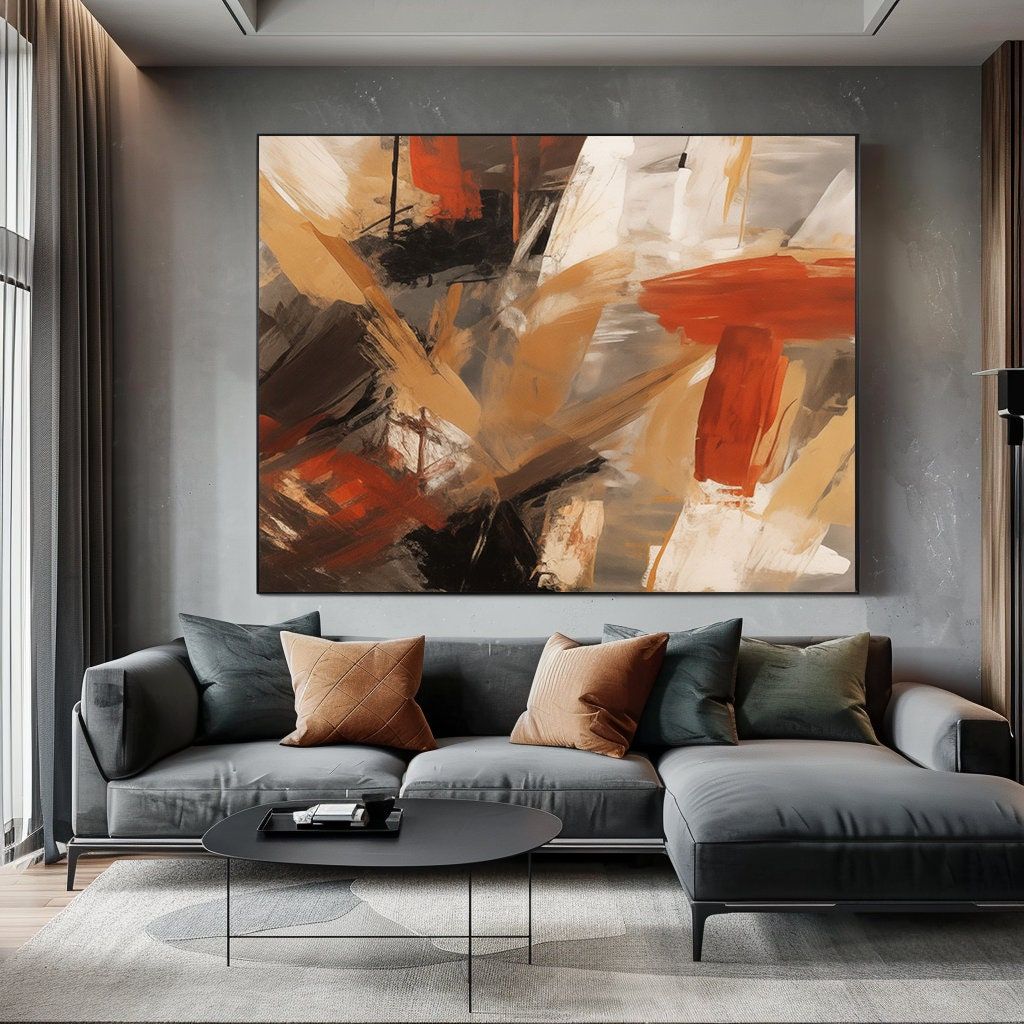  Luxe Urban Living Suite with Oversized Abstract Expressionist Canvas and Charcoal Velvet Sectional.