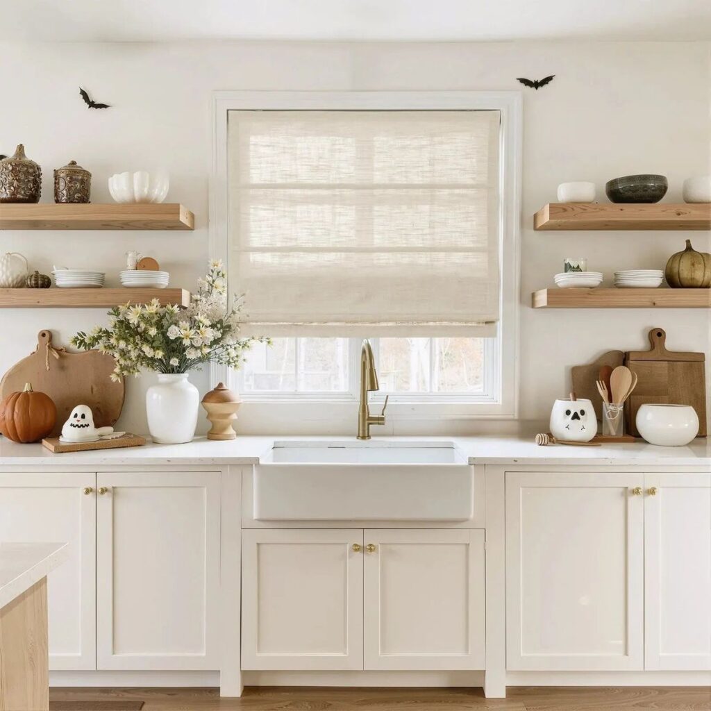 A bright and airy kitchen featuring white shaker cabinets, a large farmhouse sink with a gold gooseneck faucet, and light wood open shelving decorated with minimalist Halloween accents like small pumpkins and bat wall decals.