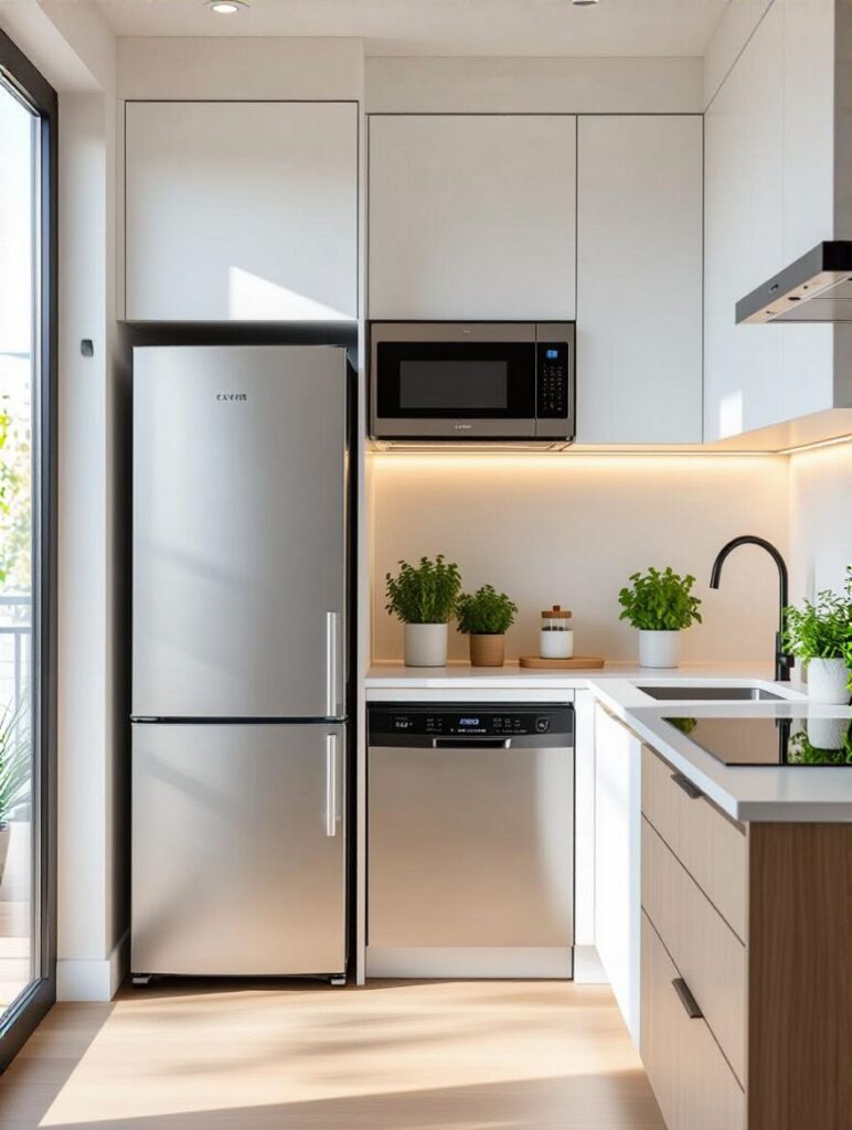 A compact, modern L-shaped kitchen featuring minimalist white upper cabinets, a built-in microwave, and a stainless steel bottom-freezer refrigerator. The workspace is illuminated by warm under-cabinet LED lighting, highlighting a white countertop with a black gooseneck faucet and a stainless steel dishwasher.