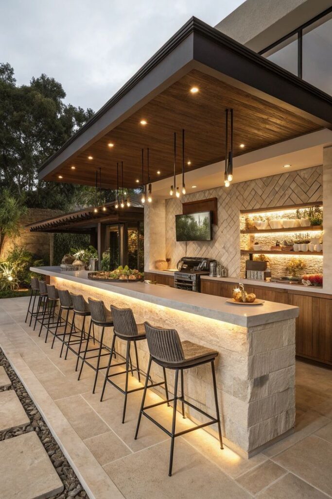 Contemporary Alfresco Entertainment Hub with Integrated Stone Bar and Warm Ambiance Lighting.