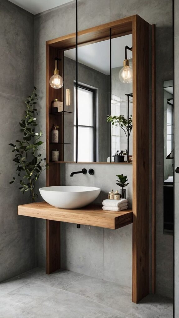 b4fff97df21f4e6d72f00e10e5fd054a Bespoke Oak-Framed Floating Vanity with Integrated Vertical Shelving and Warm Globe Pendant Illumination.