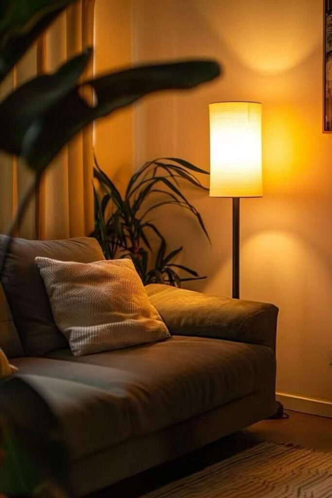 Serene Japandi Sanctuary with Warm LED Floor Lamp and Biophilic Indoor Greenery.