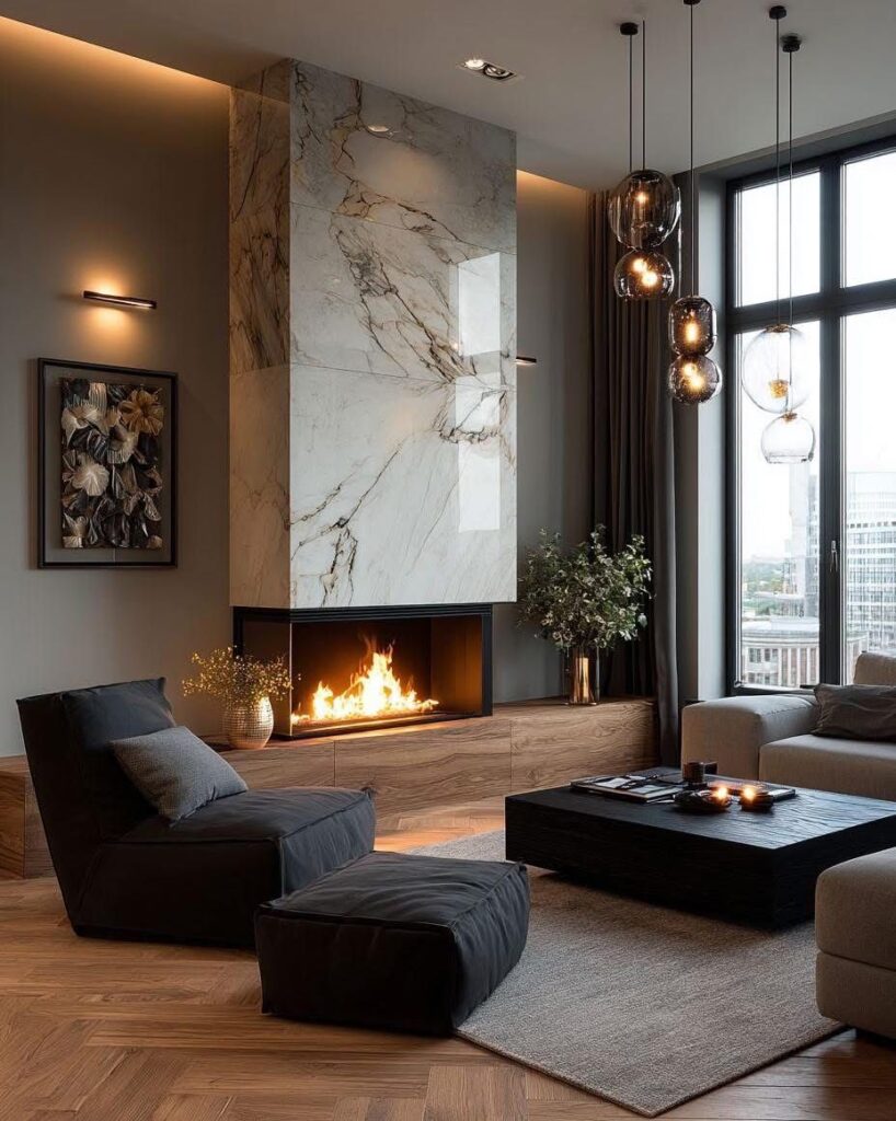 Luxurious Modern Living Space with Full-Height Calacatta Marble Fireplace and Integrated Floating Wood Cabinetry.