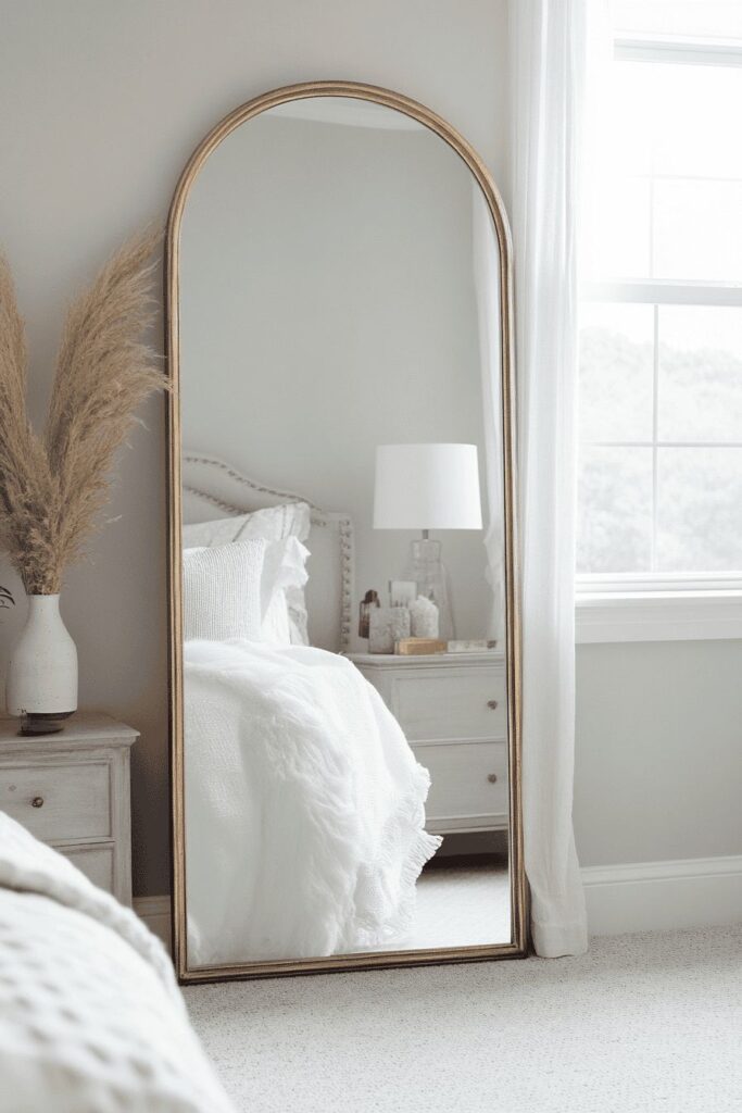 Luxe 71" x 31" Arched Gold Full-Length Floor Mirror with Shatter-Proof Glass and Slim Aluminum Frame.