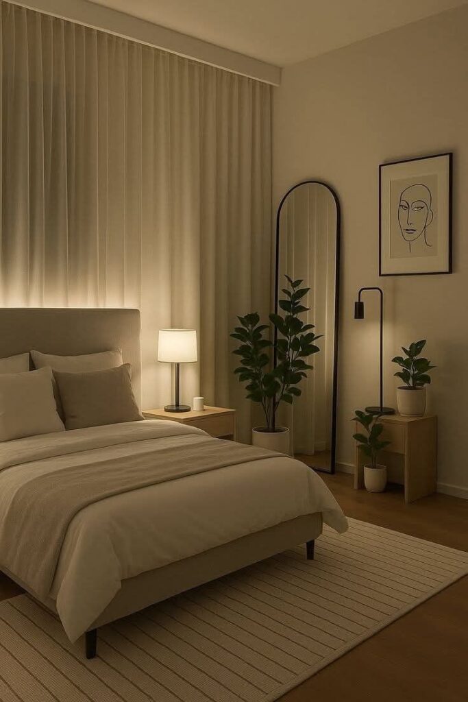  Serene Scandinavian Sanctuary with Integrated Headboard Backlighting and Arched Floor Mirror.