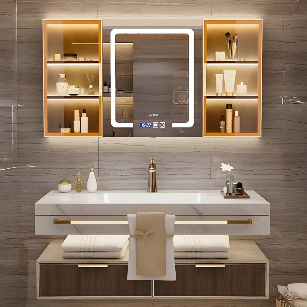 Luxurious Modern Bathroom Vanity Suite with Smart LED Mirror and Warm-Lit Amber Storage Cabinets.