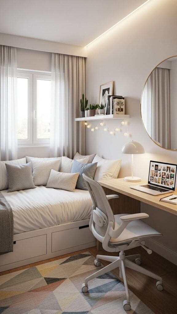 Modern Scandinavian Small-Space Sanctuary with Integrated Daybed and Workstation.