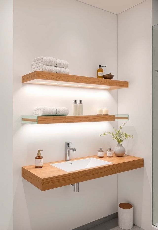 Minimalist Natural Oak Floating Vanity and Shelving Suite with Integrated LED Task Lighting.