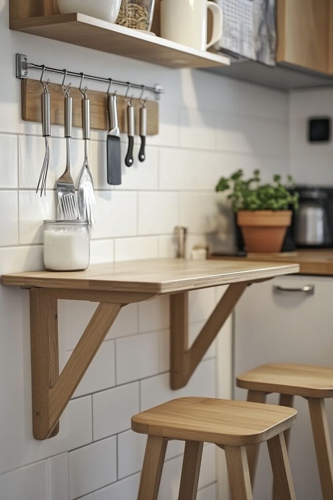 A minimalist, wall-mounted wooden drop-leaf table used as a compact breakfast bar against a white subway-tiled wall, paired with matching light wood stools.