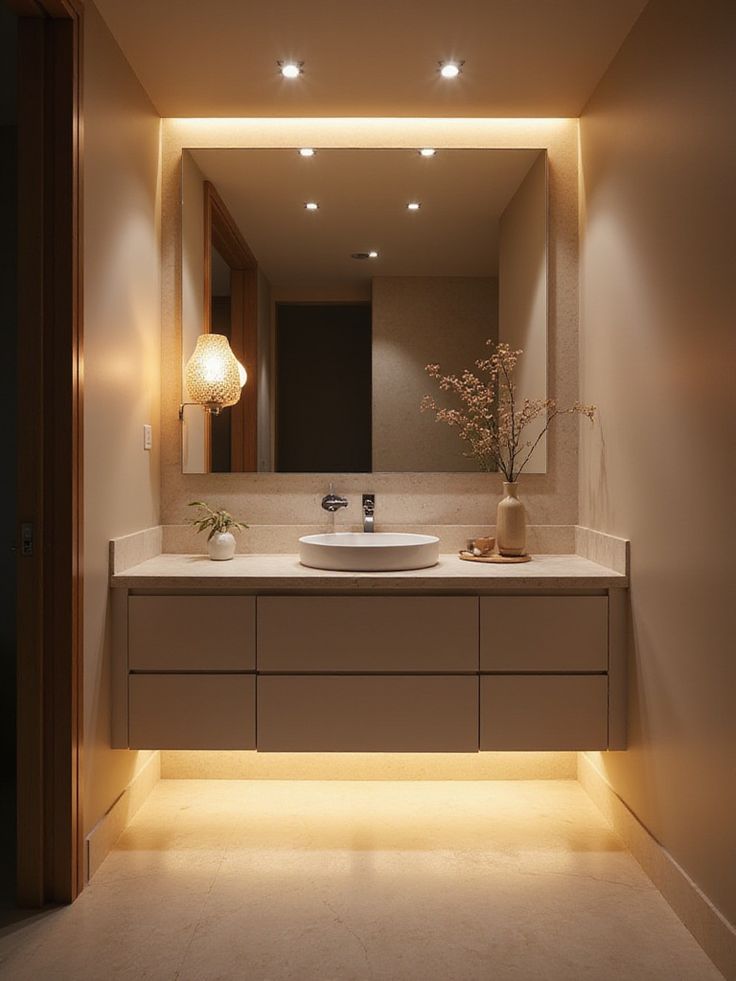 Sophisticated Modern Floating Vanity Suite with Integrated Warm LED Ambiance and Stone Vessel Basin.