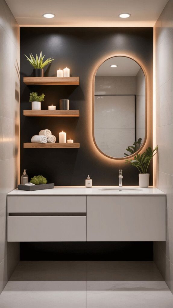 c7909dd405de1a48685b5dd43c9af40e Modern Minimalist Floating Bathroom Vanity with Integrated LED Oval Mirror and Natural Oak Open Shelving.
