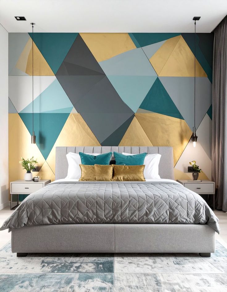Luxe Art Deco-Inspired Master Suite with Teal & Gold Geometric Feature Wall.