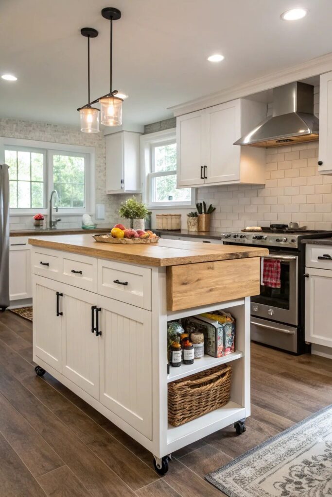 A warm and inviting farmhouse kitchen featuring white shaker-style cabinetry with matte black hardware, offset by rich dark-wood floors and a white subway tile backsplash.