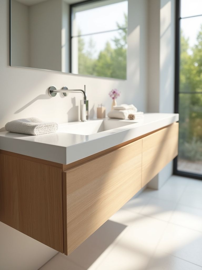 Minimalist White Oak Floating Vanity with Integrated Corian Countertop and Wall-Mounted Chrome Fixtures.
