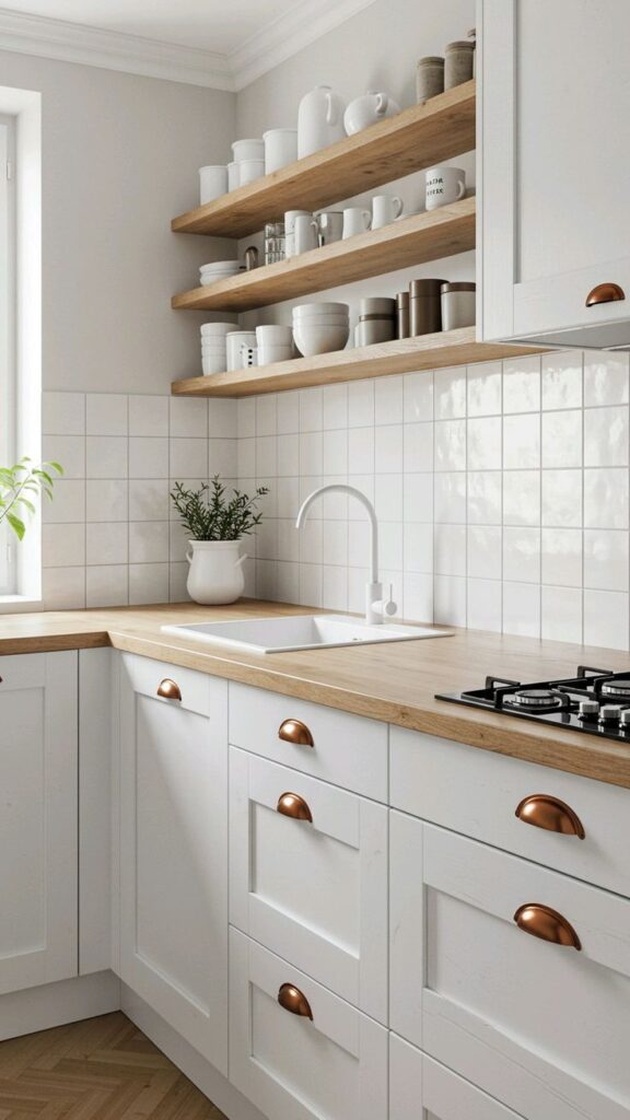 A bright, minimalist Scandinavian-style kitchen featuring white Shaker cabinets with copper cup handles, light wood countertops, and open wooden shelving above a white tiled backsplash.