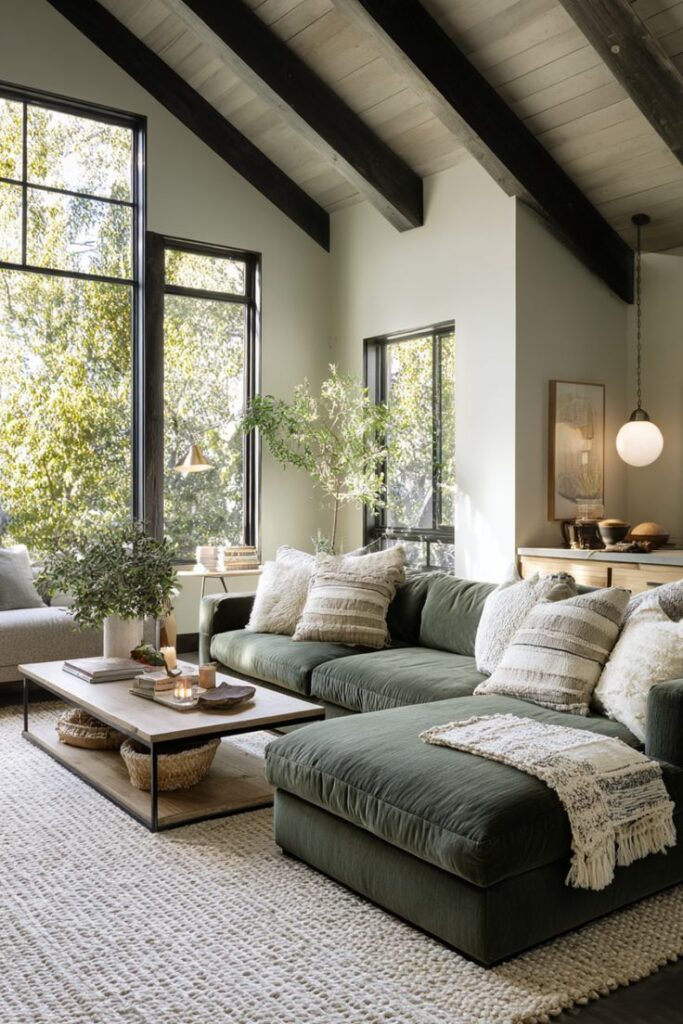 Modern Organic Living Room with Sage Green Velvet Sectional and Vaulted Beam Ceiling.