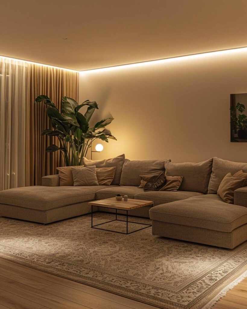 Modern Warm-Minimalist Living Room with Integrated LED Cove Lighting and Neutral U-Shaped Sectional.