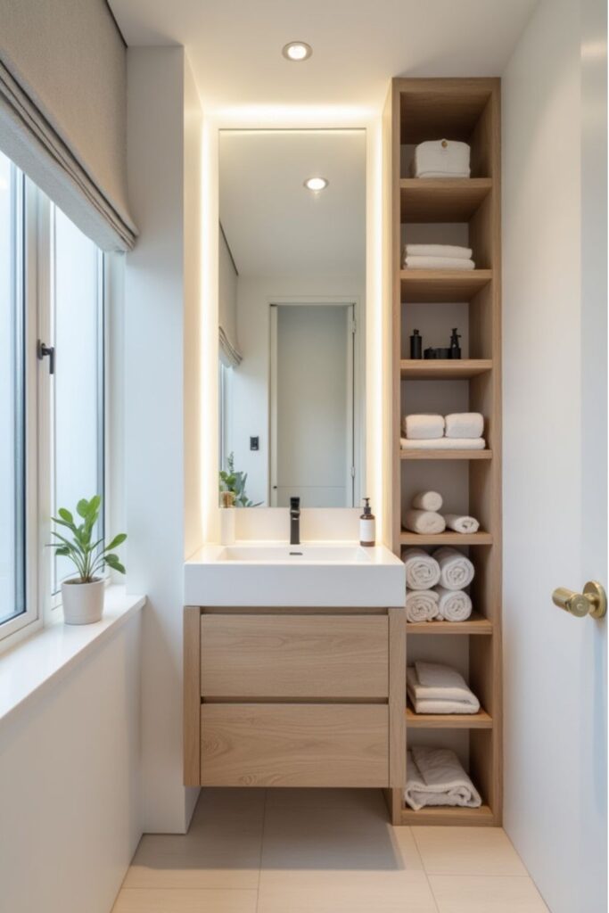 d5134b1d788947a3532b171091b16921 Minimalist Light Oak Floating Vanity with Integrated Floor-to-Ceiling Linen Tower and Backlit Mirror.