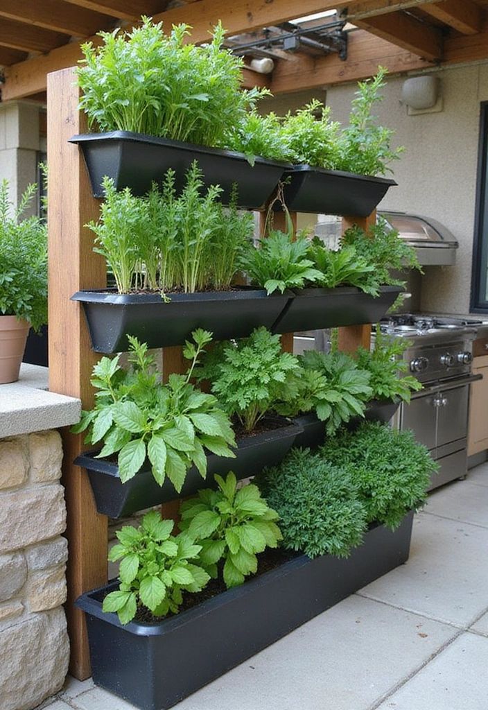 Space-Saving Tiered Vertical Herb Garden and Outdoor Kitchen Prep Station.