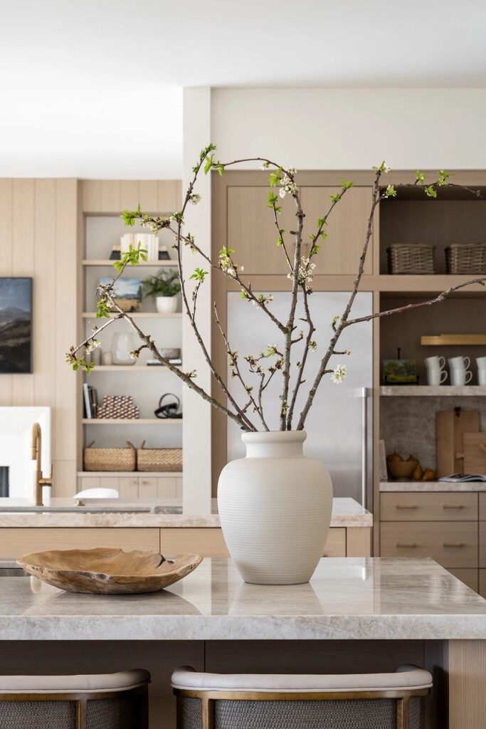 Minimalist Ribbed Ceramic Vase with Architectural Faux Blossom Branch Stems