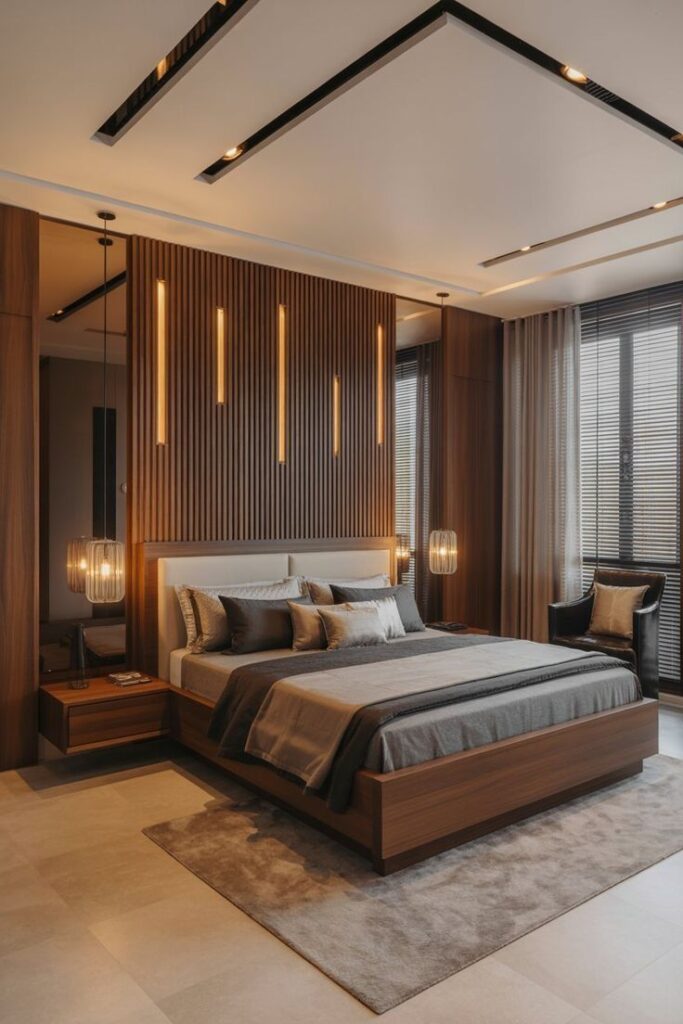 Luxe Modern Master Suite with Vertical Slatted Feature Wall and Integrated Linear Ambient Lighting.