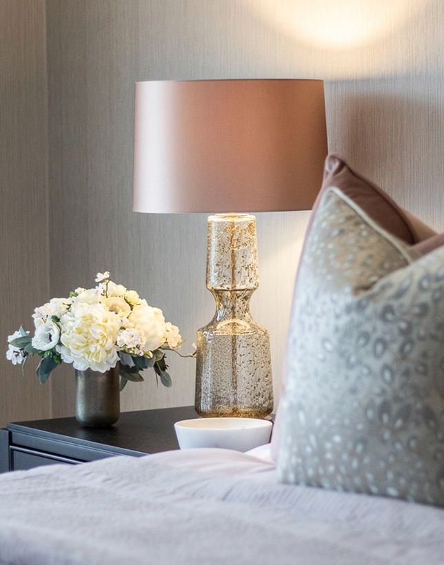 Antero Artisanal Blown-Glass Table Lamp with Bubble Detailing and Satin Drum Shade.